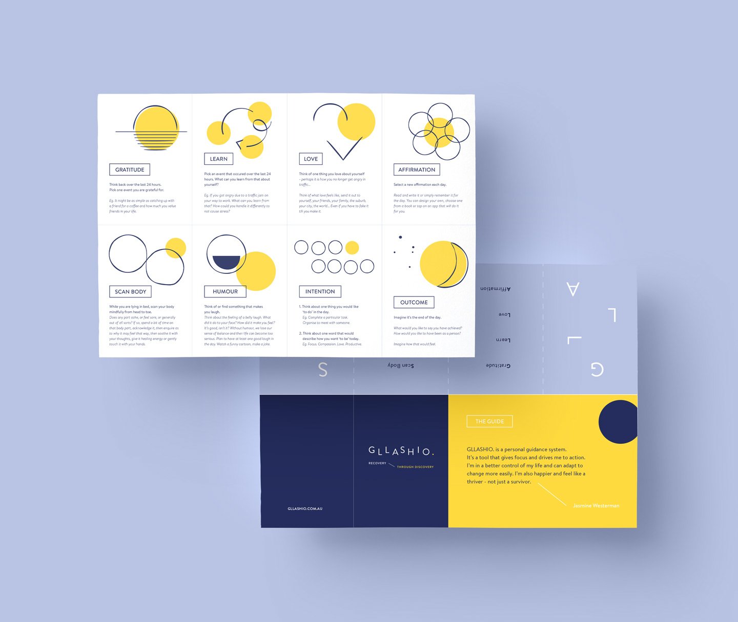 fold out pamphlet book design for branding project GLLASHIO for client Jasmin Westerman by Sketchcorp.