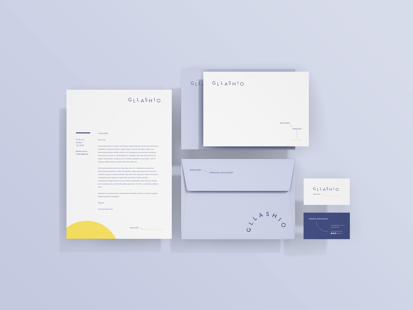 stationary design for branding project GLLASHIO for client Jasmin Westerman by Sketchcorp.