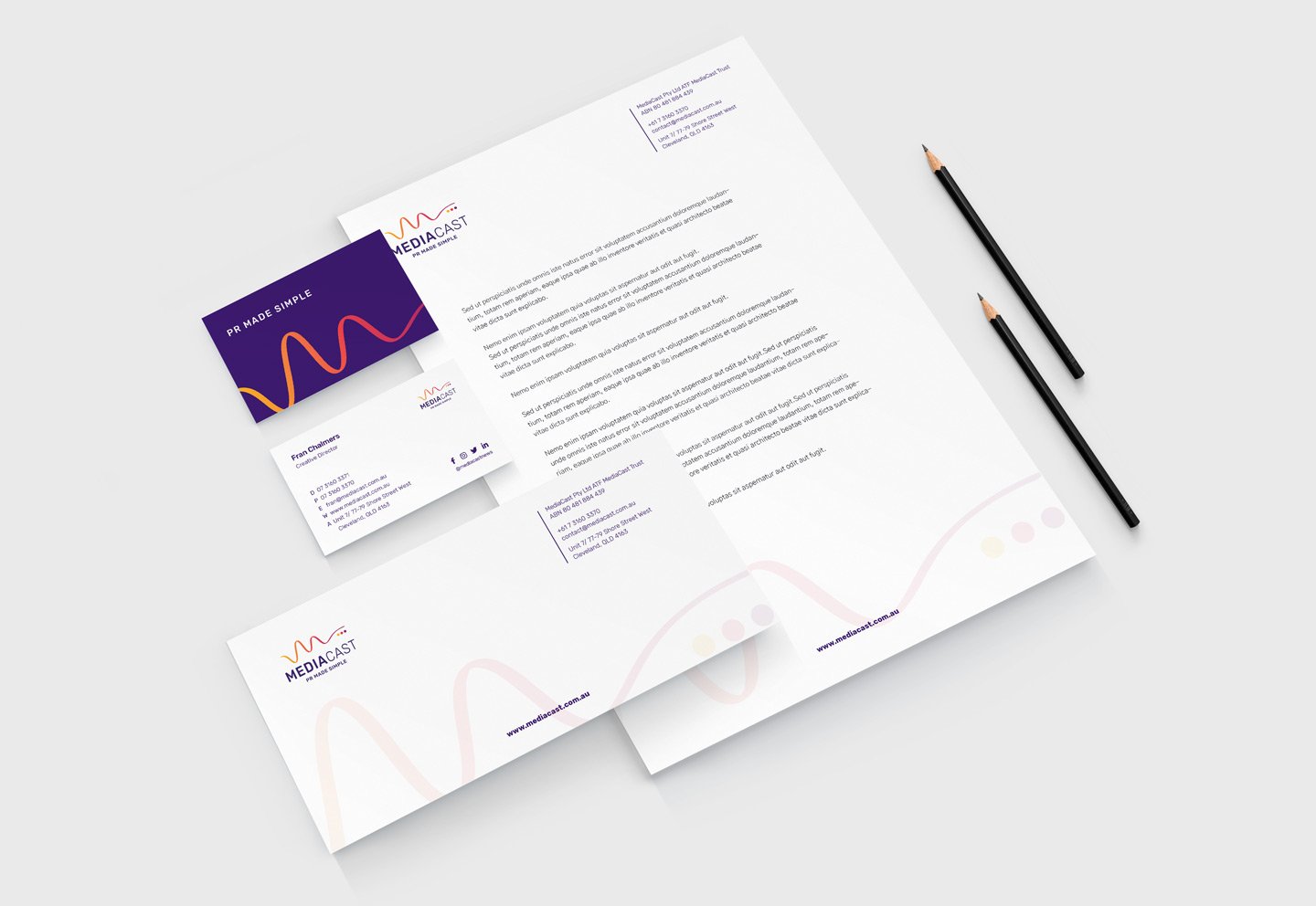 Stationery design, Brand strategy and brand identity design for MediaCast by Sketch Corp.