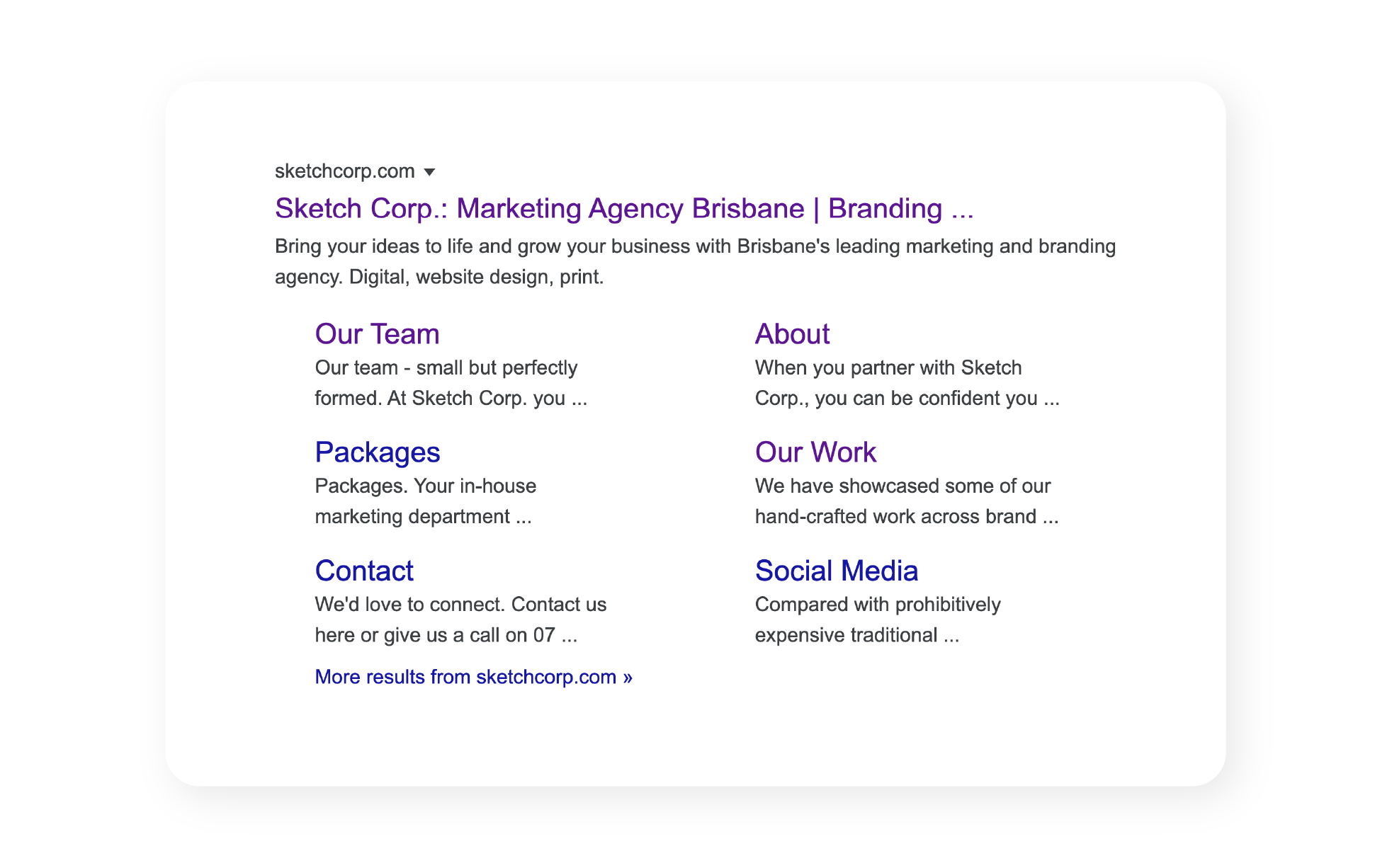 Sketch Corp. google results from SERP and google site links optimisation