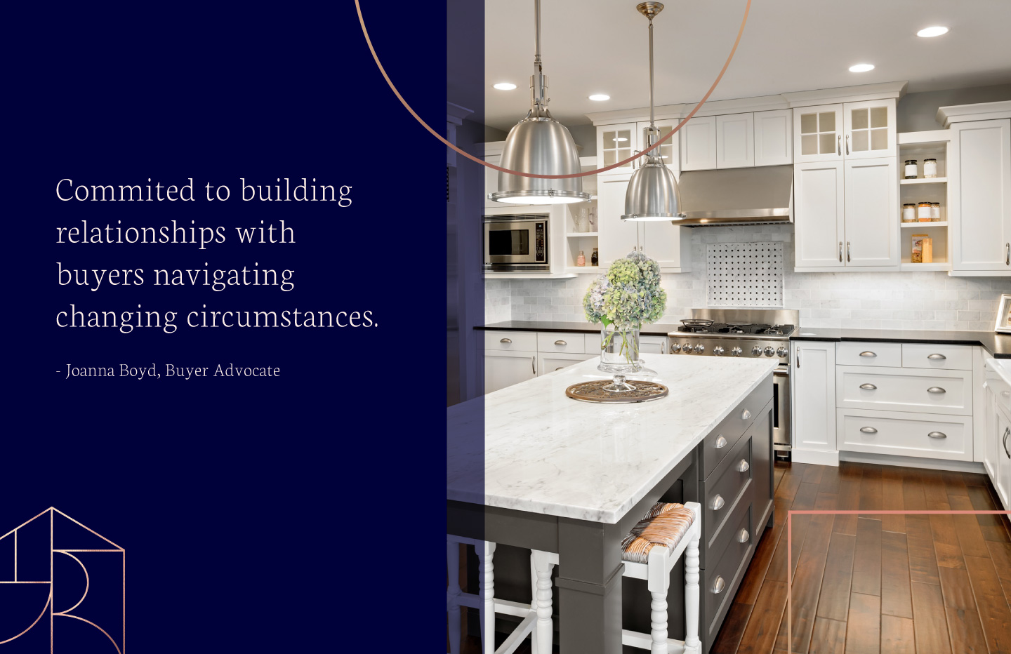Joanna Boyd tag line with brand colours and image of beautiful kitchen